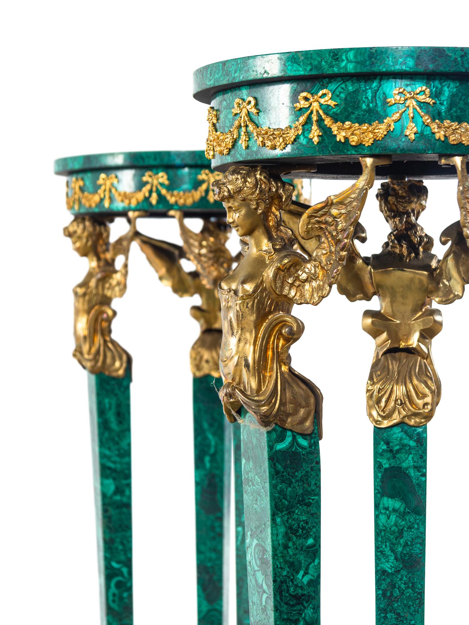 A Pair of Empire Style Gilt Metal Mounted Malachite Veneered Pedestals