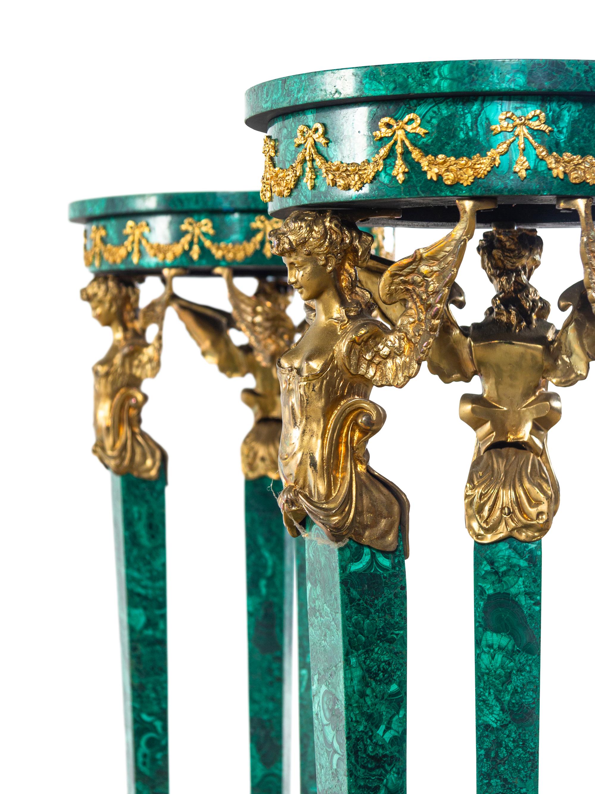 A Pair of Empire Style Gilt Metal Mounted Malachite Veneered Pedestals