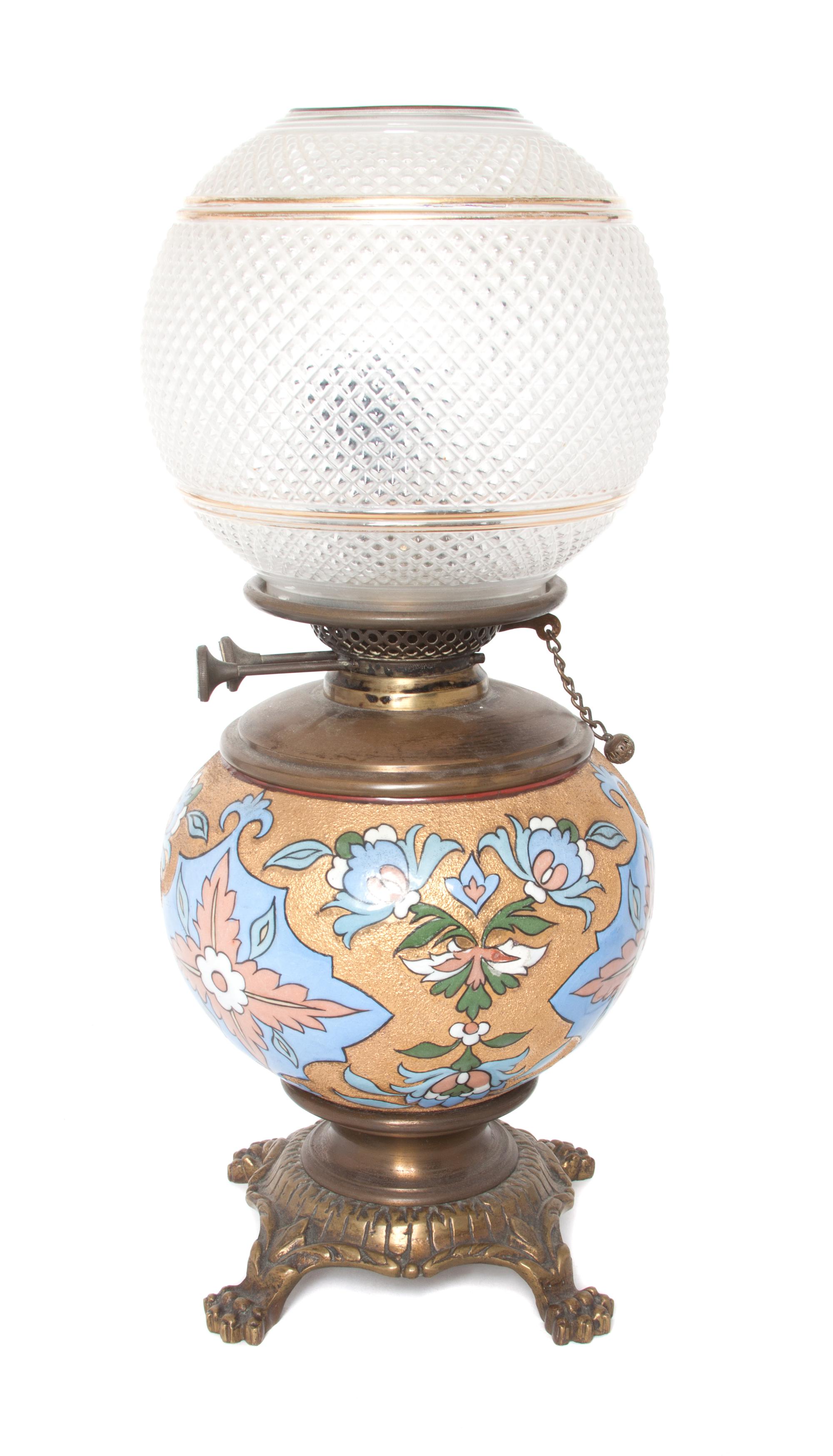 A Victorian Brass and Cloisonne Decorated Gas Lamp Height overall 17 1/2 inches.