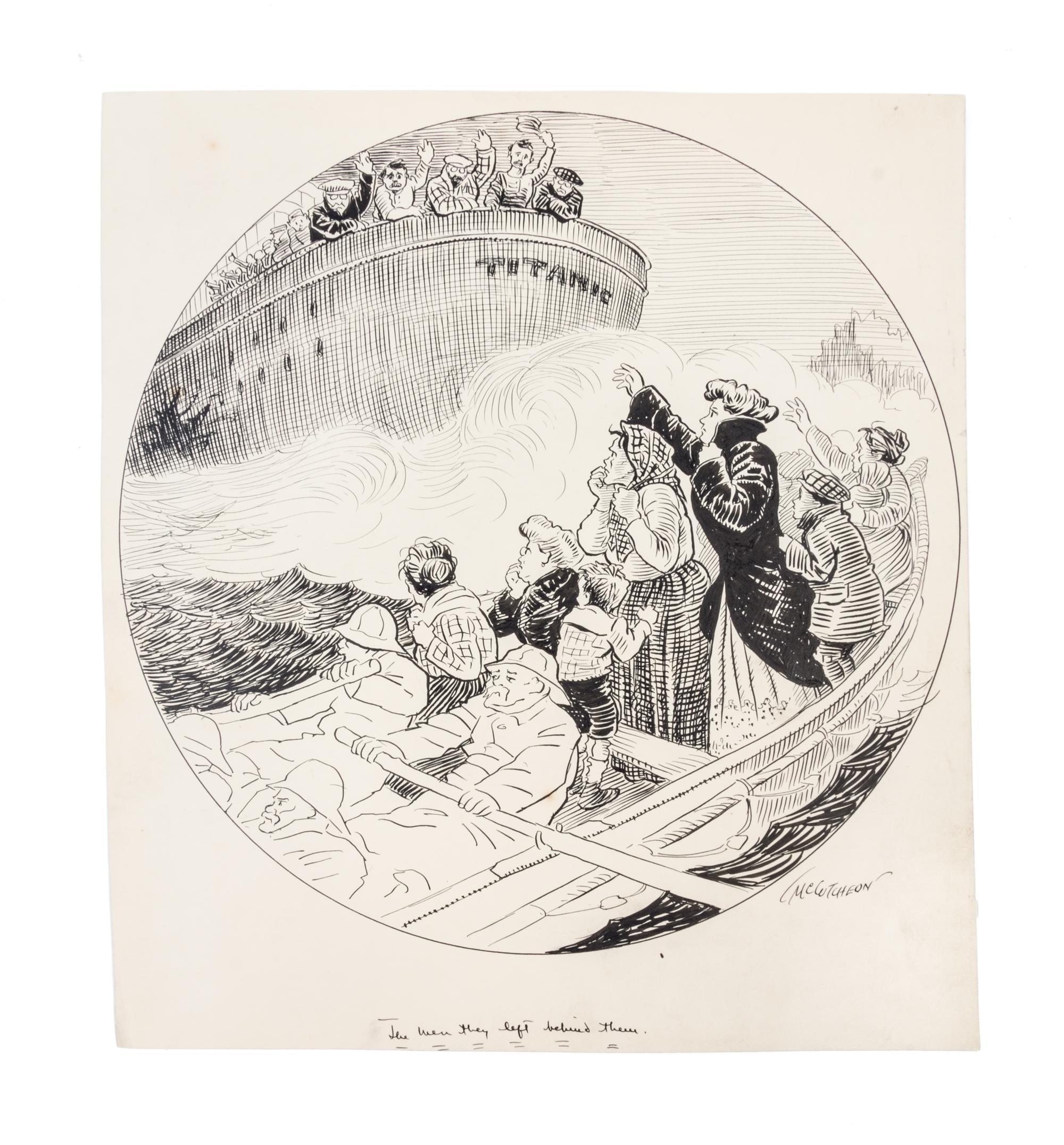 (CARICATURES) MCCUTCHEON, JOHN T. Three original illustrations, including The Titanic.