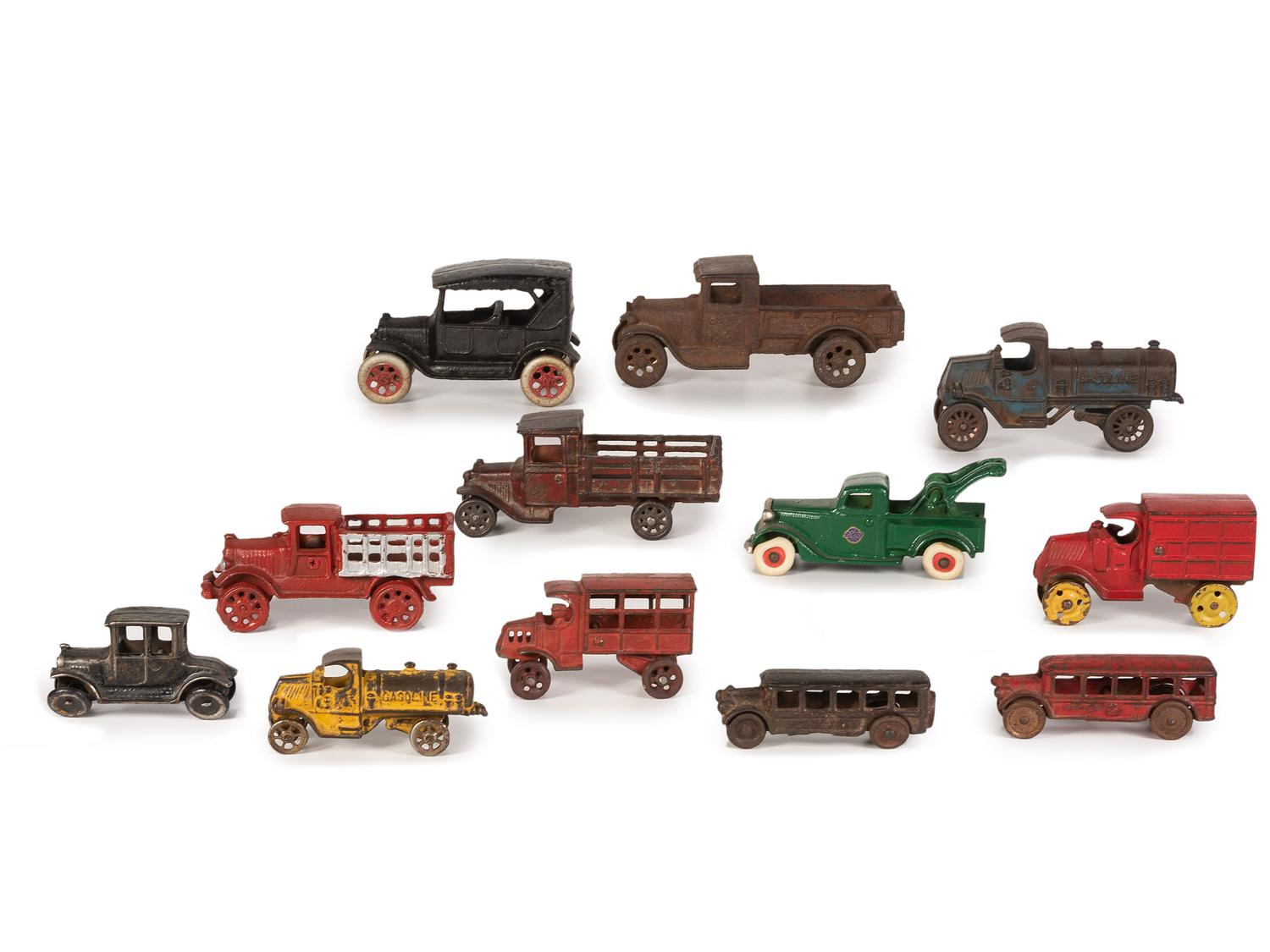 Twelve Painted Cast Iron Toy Cars, Trucks, and Buses