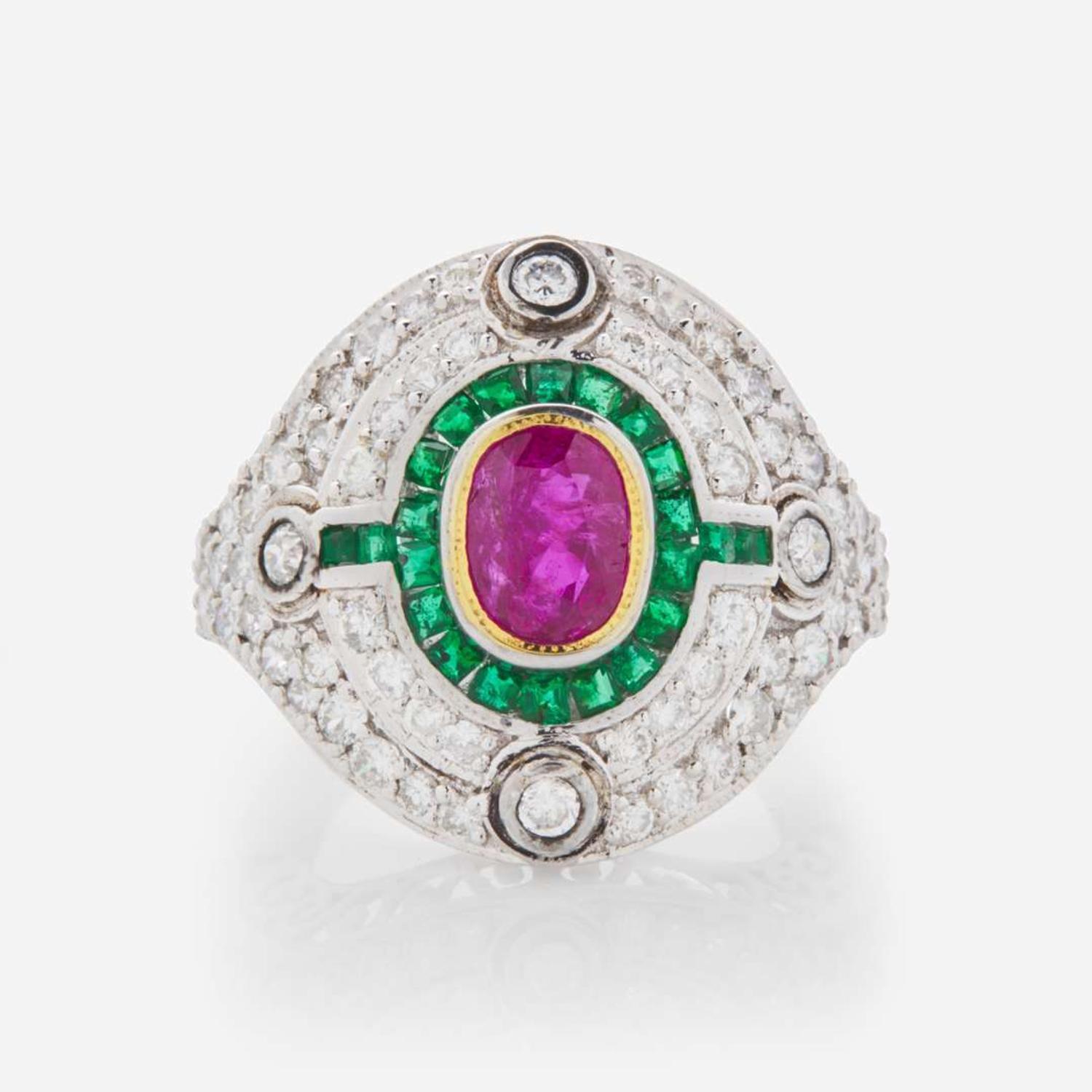 An 18K White Gold, Ruby, Emerald, and Diamond Ring No-Heat Burmese 2.05 Carat Ruby, GIA Certified