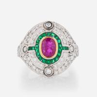 An 18K White Gold, Ruby, Emerald, and Diamond Ring No-Heat Burmese 2.05 Carat Ruby, GIA Certified