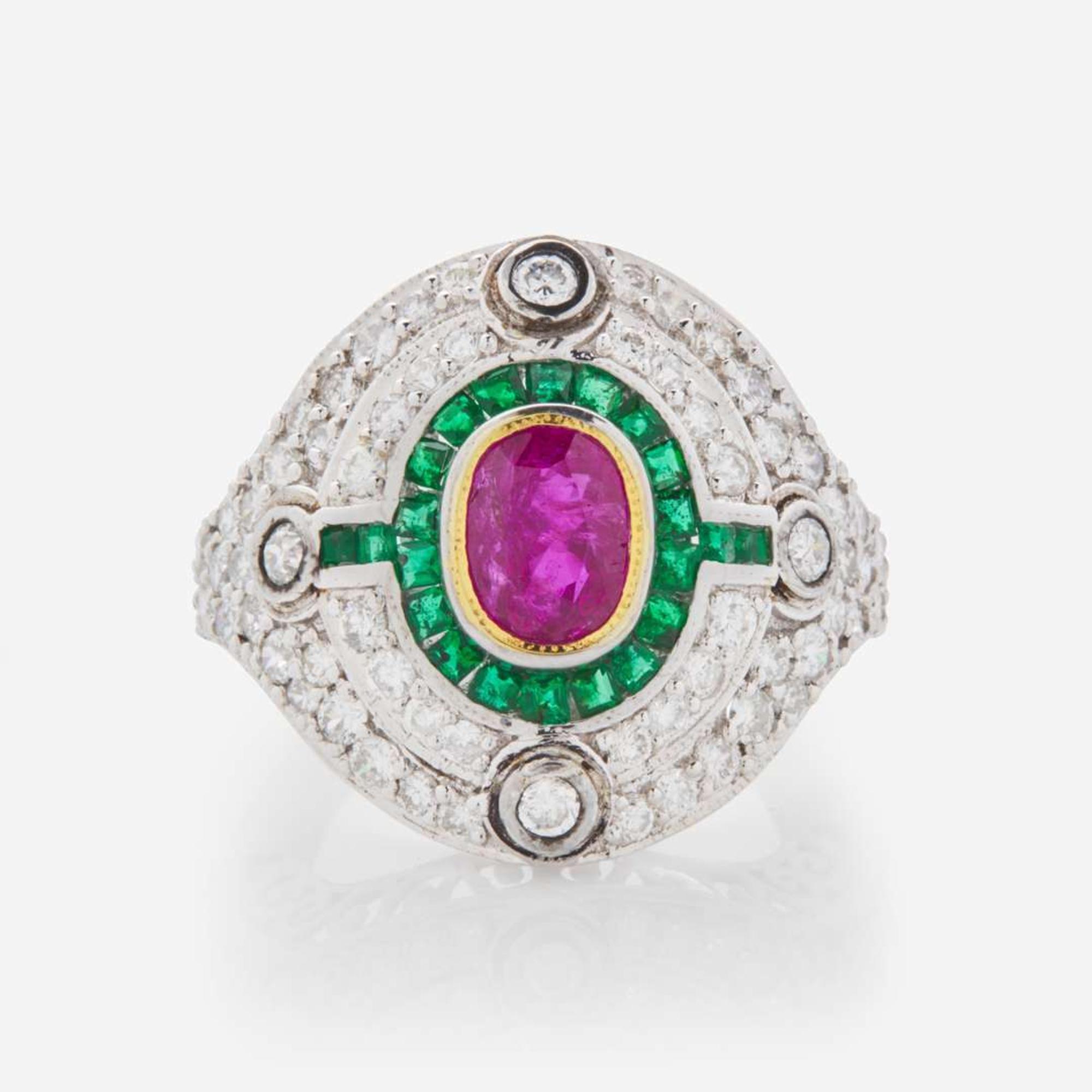 An 18K White Gold, Ruby, Emerald, and Diamond Ring No-Heat Burmese 2.05 Carat Ruby, GIA Certified