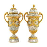 A Pair of Louis XVI Style Marble and Gilt Bronze Mounted Urns