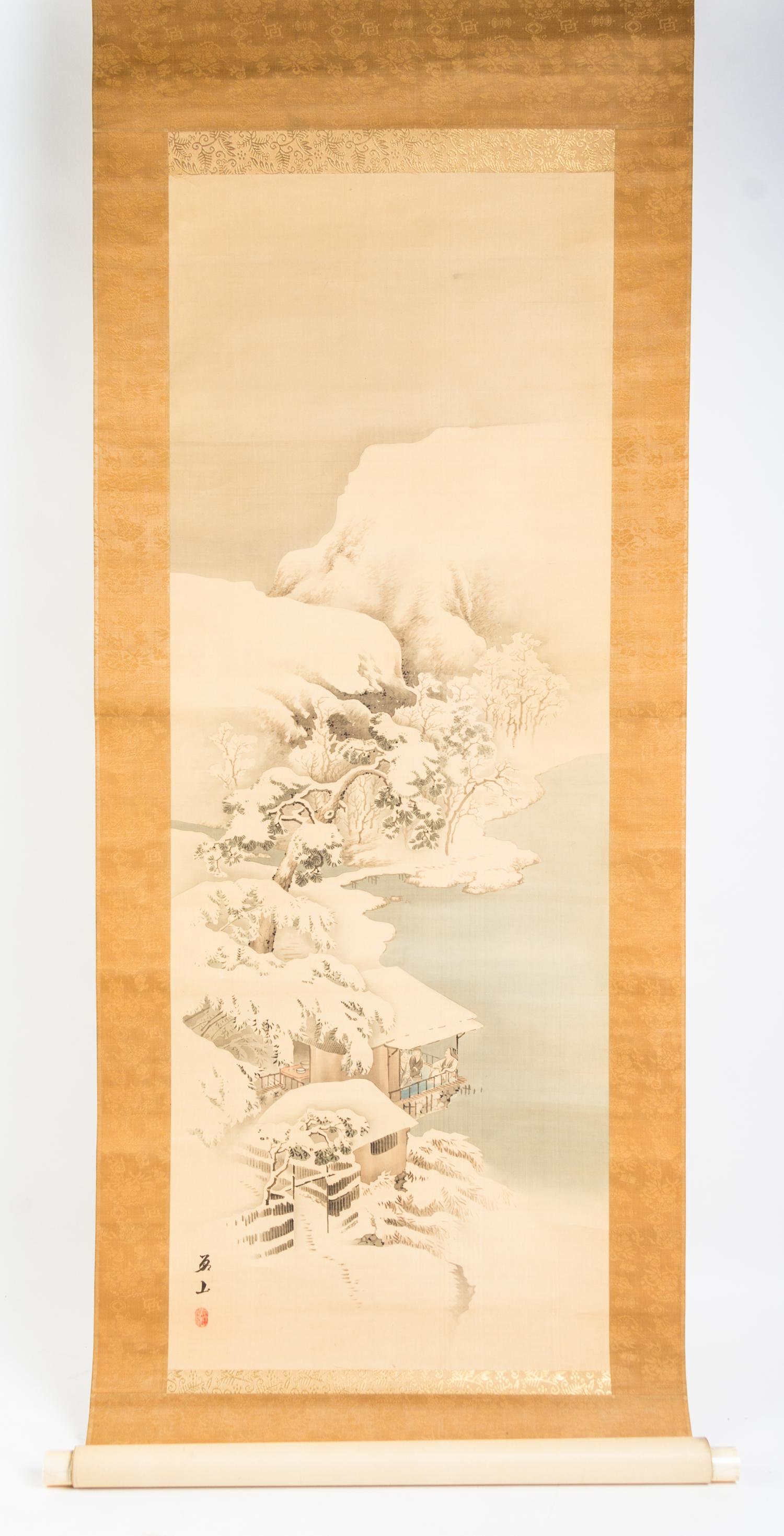 Two Japanese Ink and Color Scroll Paintings Height of first 44 1/2 x width 13 3/4 inches.