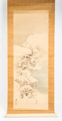 Two Japanese Ink and Color Scroll Paintings Height of first 44 1/2 x width 13 3/4 inches.