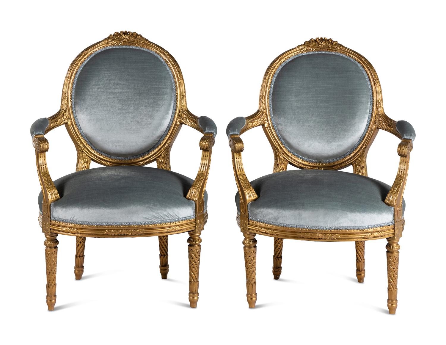 A Pair of Louis XVI Style Giltwood Fauteuils