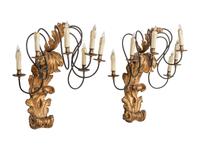 A Pair of Continental Giltwood and Metal Six-Light Sconces