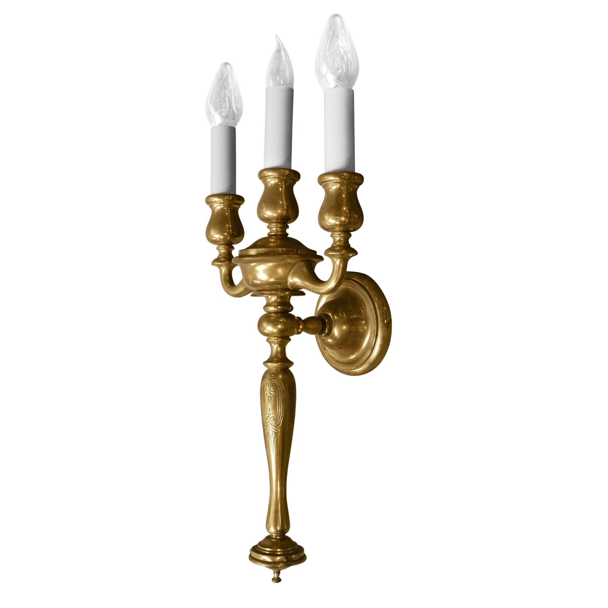 A Pair of Brass Three-Arm Sconces 9.5" W x 6" D x 24" H — United States, 20th Century