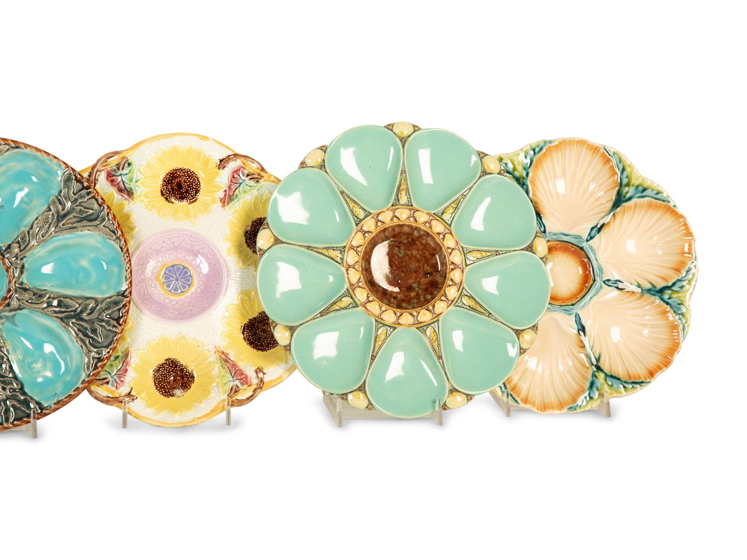 A Group of Eight English and French Majolica Six-Well Oyster Plates — Mid-19th Century