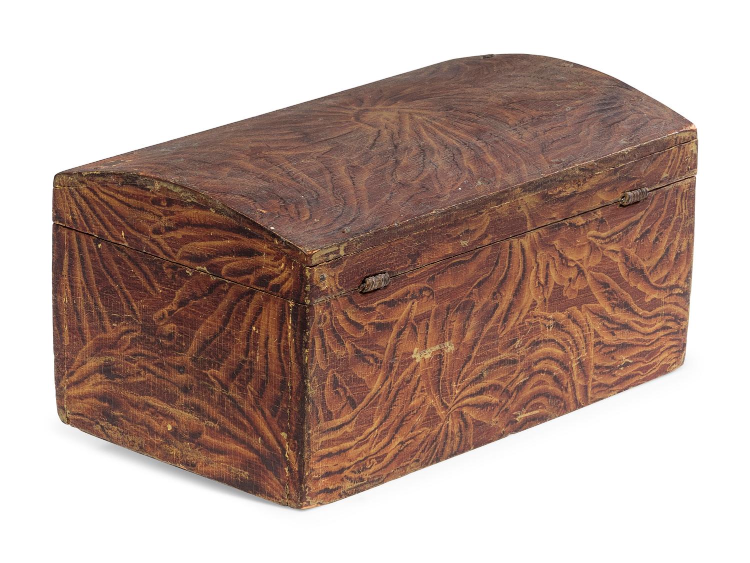 A Country Grain Painted and Carved Horn Inset Pine and Poplar Domed-Top Box, 19th Century