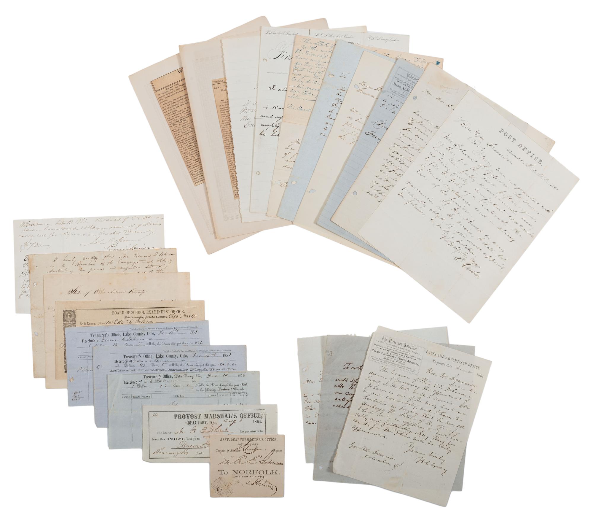 [CIVIL WAR]. A collection of documents related to Mr. Edward E. Johnson (ca 1824- ca 1901), assistant to the Reverend Horace James, Superintendent of Negro Affairs in North Carolina.