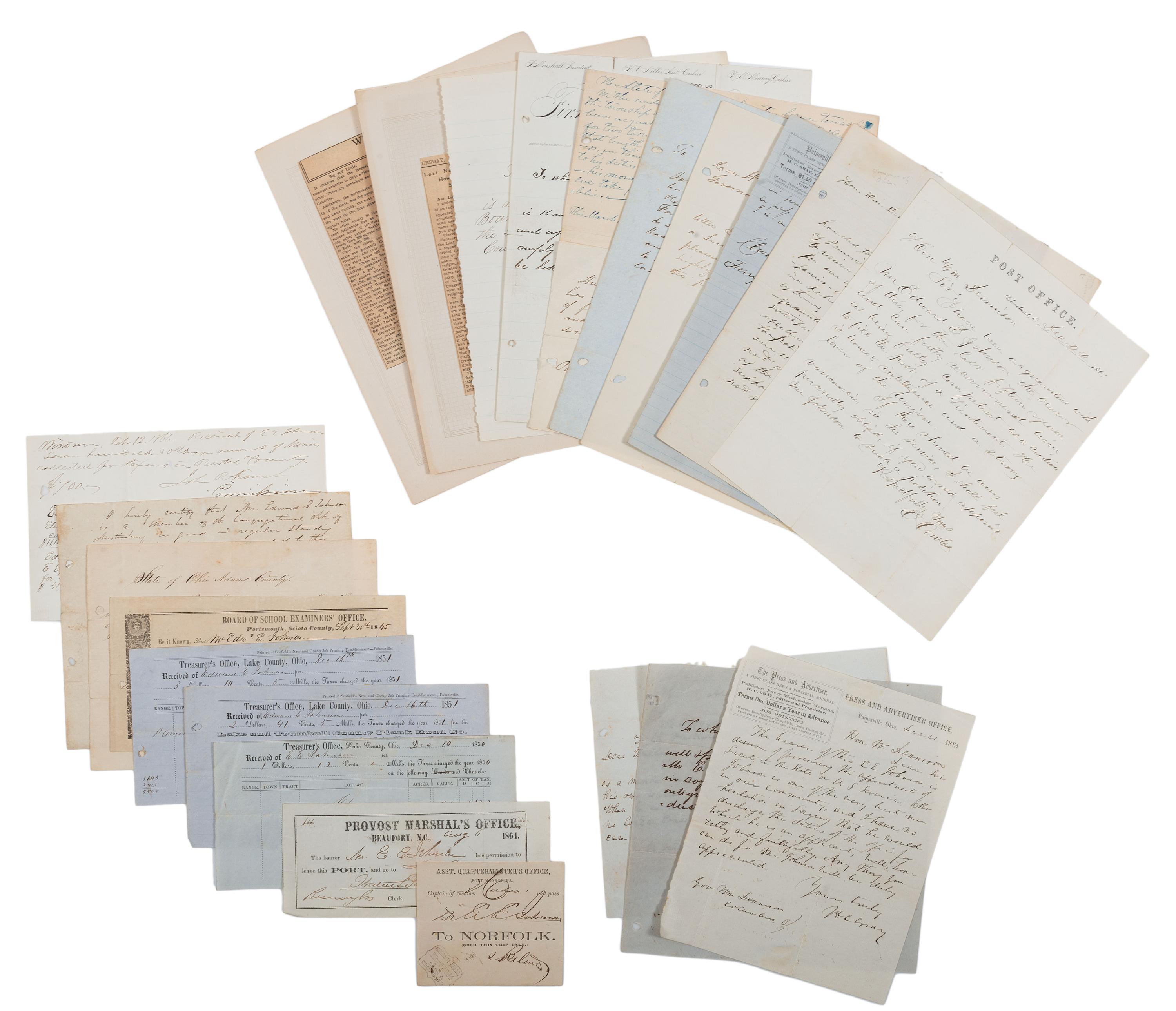 [CIVIL WAR]. A collection of documents related to Mr. Edward E. Johnson (ca 1824- ca 1901), assistant to the Reverend Horace James, Superintendent of Negro Affairs in North Carolina.