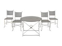 A Painted Metal Garden Table and a Set of Four Woven Metal Garden Chairs
