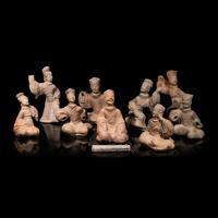 Nine Chinese Sichuan Style Pottery Figures of Musicians and Dancers, Han Dynasty — 漢 四川風格灰陶伎樂俑一組九件