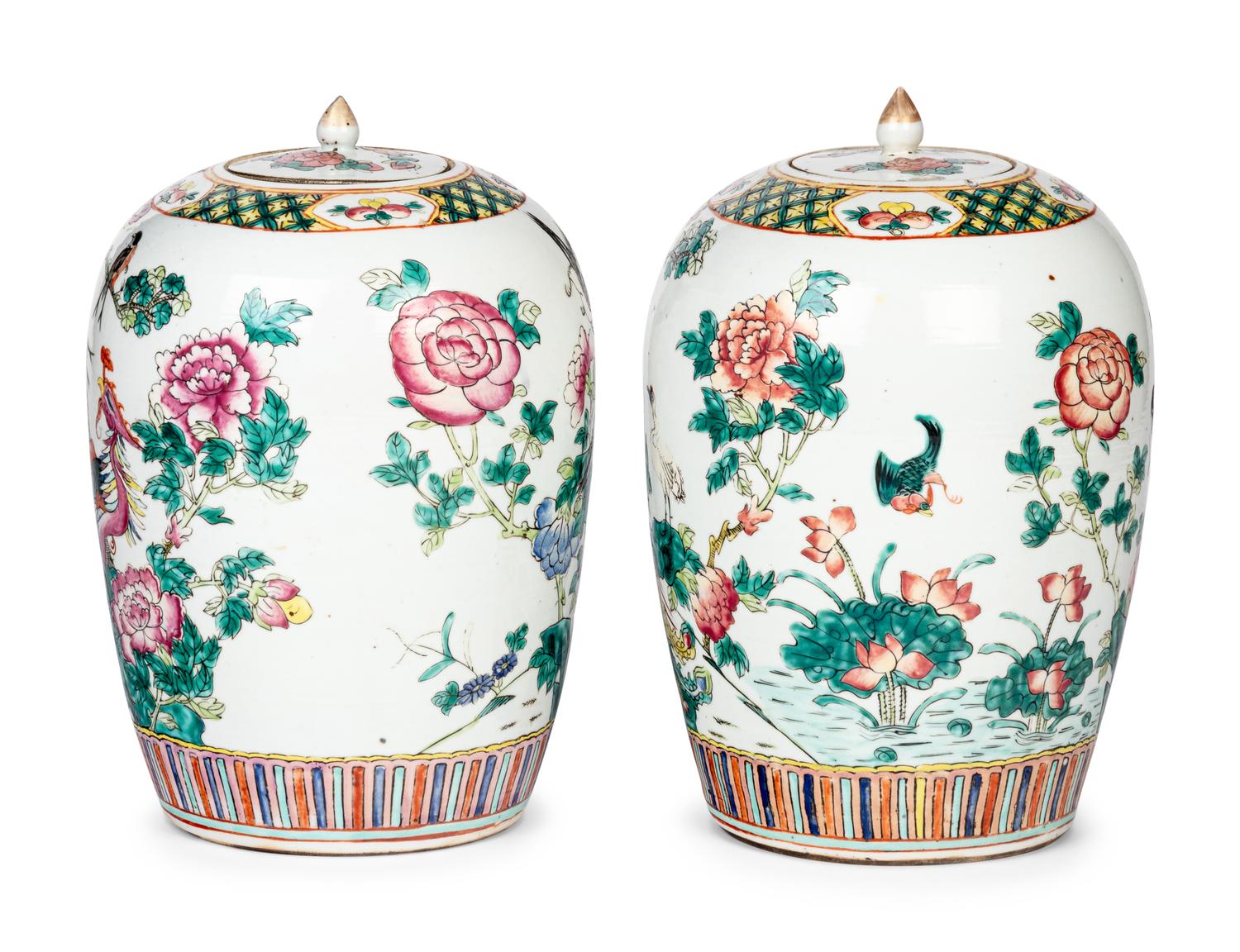 A Pair of Chinese Famille Rose Porcelain Lidded Jars