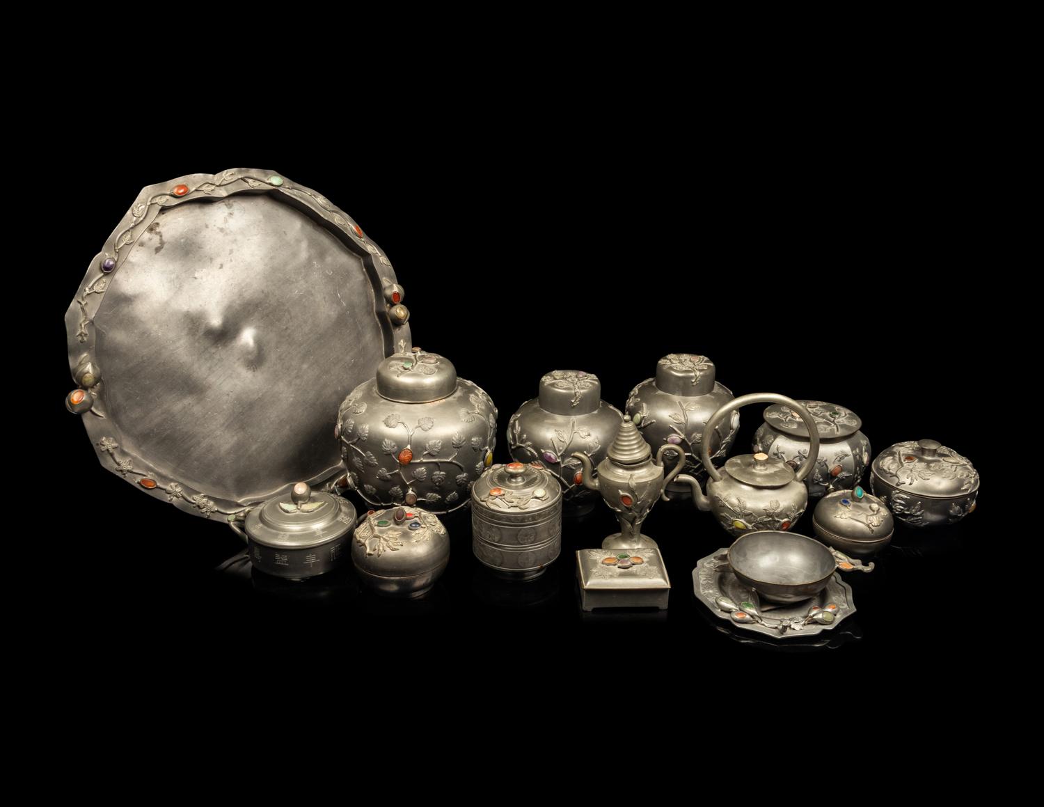 16 Chinese Hardstone Inset Pewter Articles