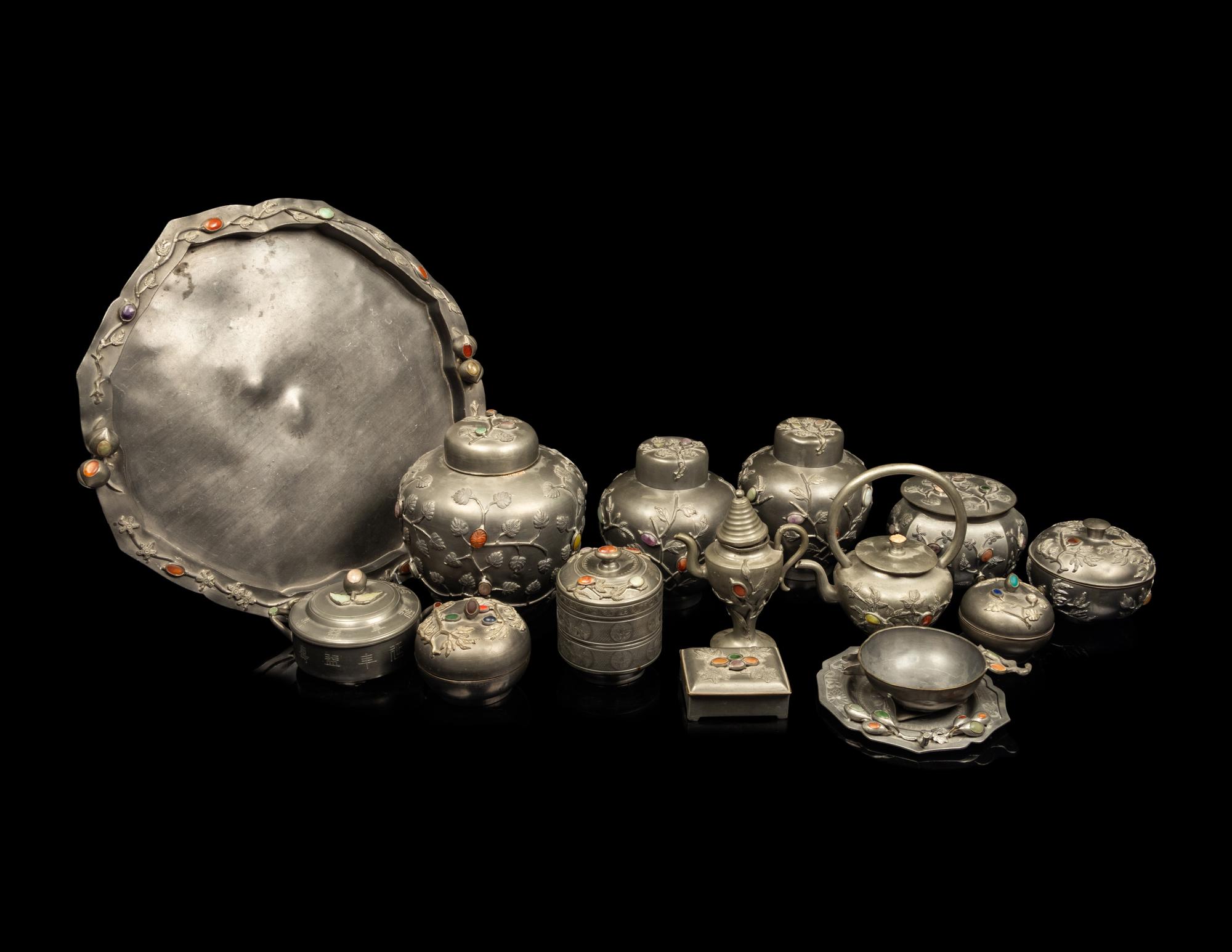 16 Chinese Hardstone Inset Pewter Articles