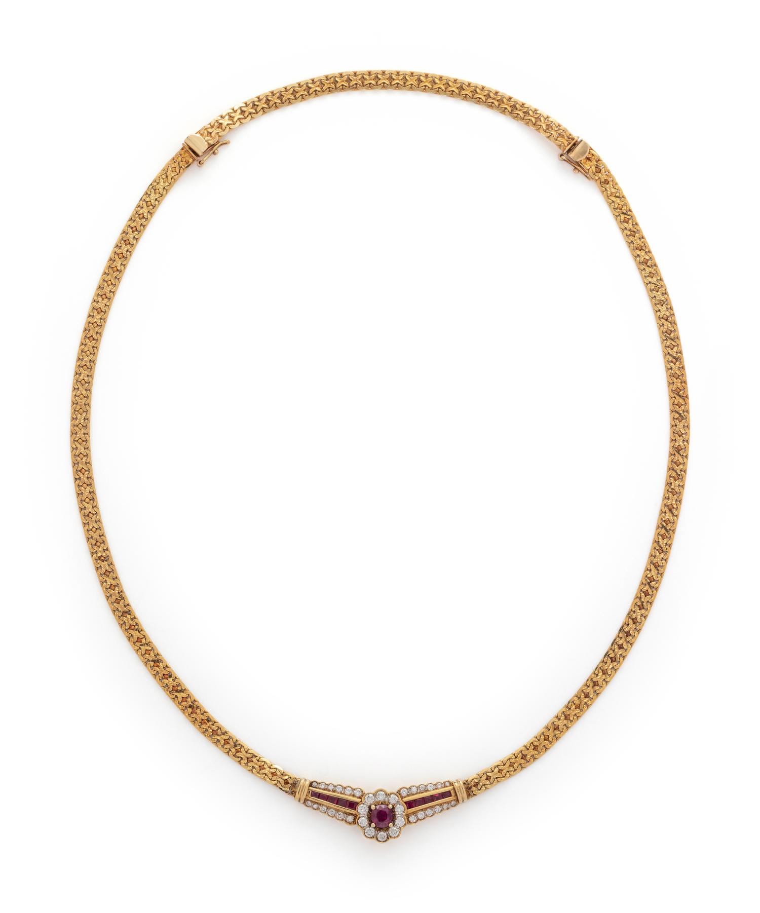 YELLOW GOLD, SYNTHETIC RUBY AND DIAMOND NECKLACE