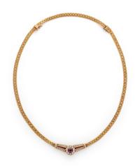 YELLOW GOLD, SYNTHETIC RUBY AND DIAMOND NECKLACE