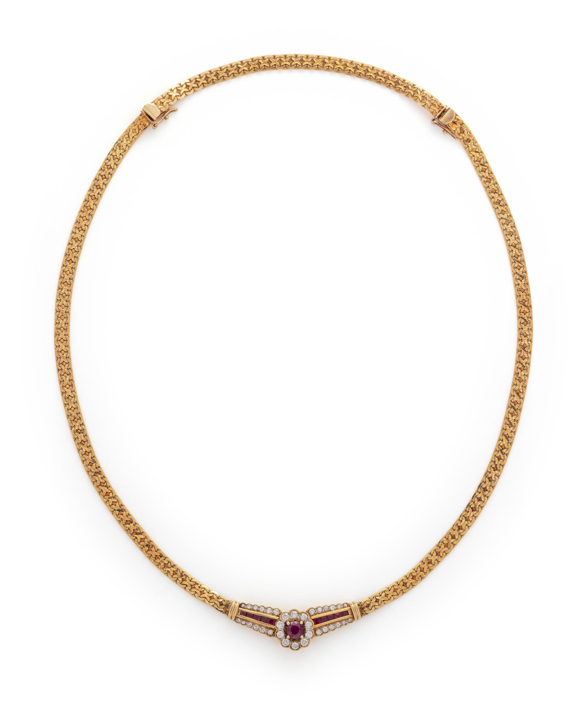 YELLOW GOLD, SYNTHETIC RUBY AND DIAMOND NECKLACE