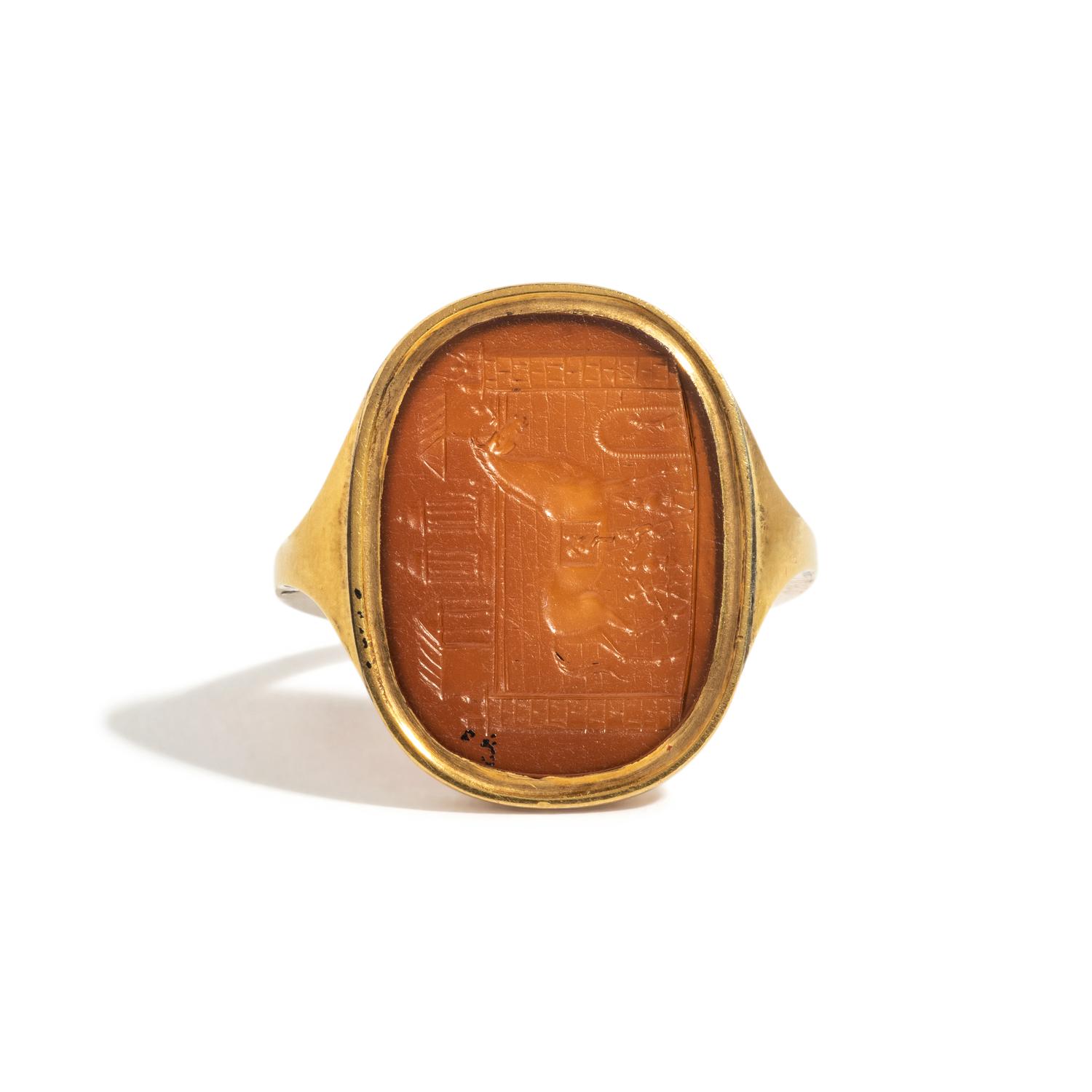 A Neoclassical Gold and Glass Finger Ring with a Homeric Scene of the Trojan Horse