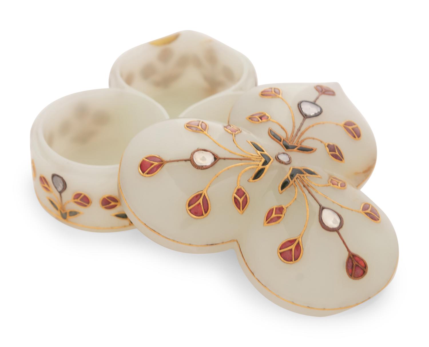A Mughal Style Carved Hardstone, Enameled and Jeweled Covered Box