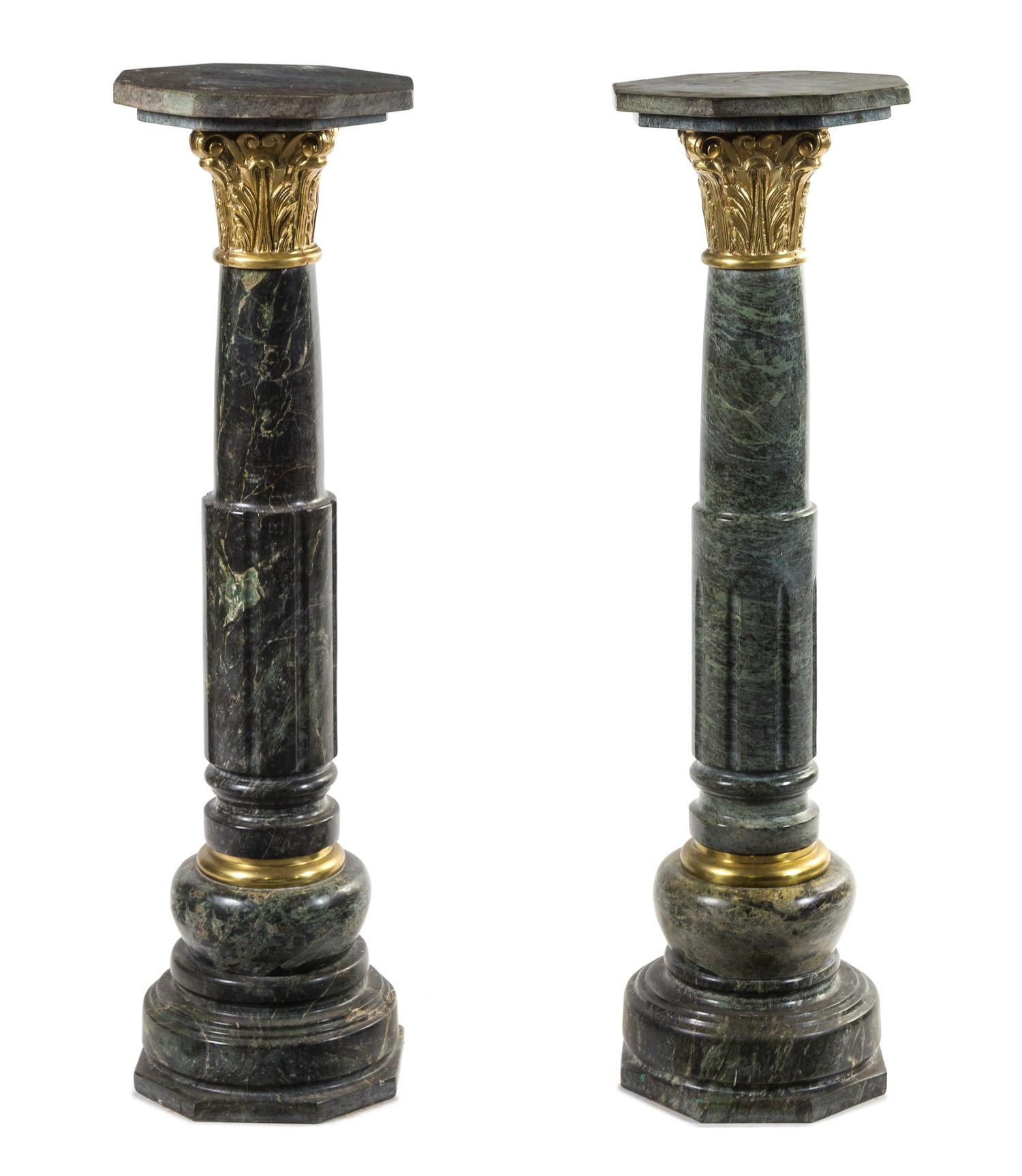 A Pair of Gilt Metal Mounted Green Marble Columns Height 45 inches.