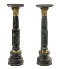 A Pair of Gilt Metal Mounted Green Marble Columns Height 45 inches.
