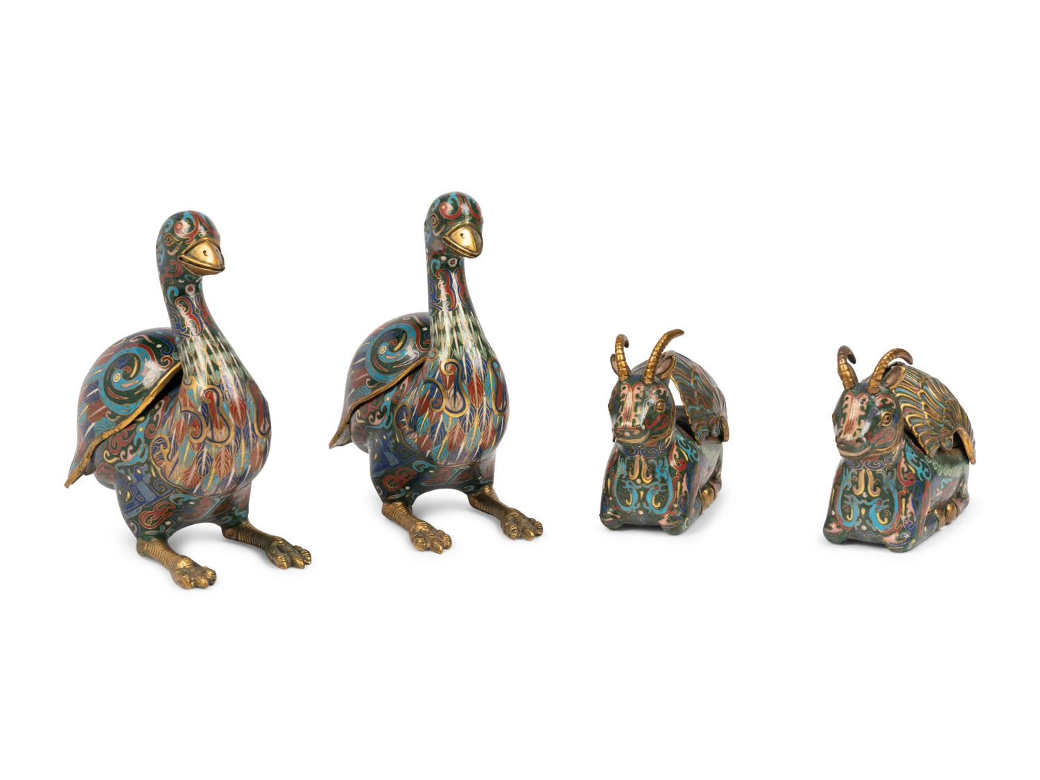 Two Pairs of Chinese Cloisonné Enamel Animal Form Vessels