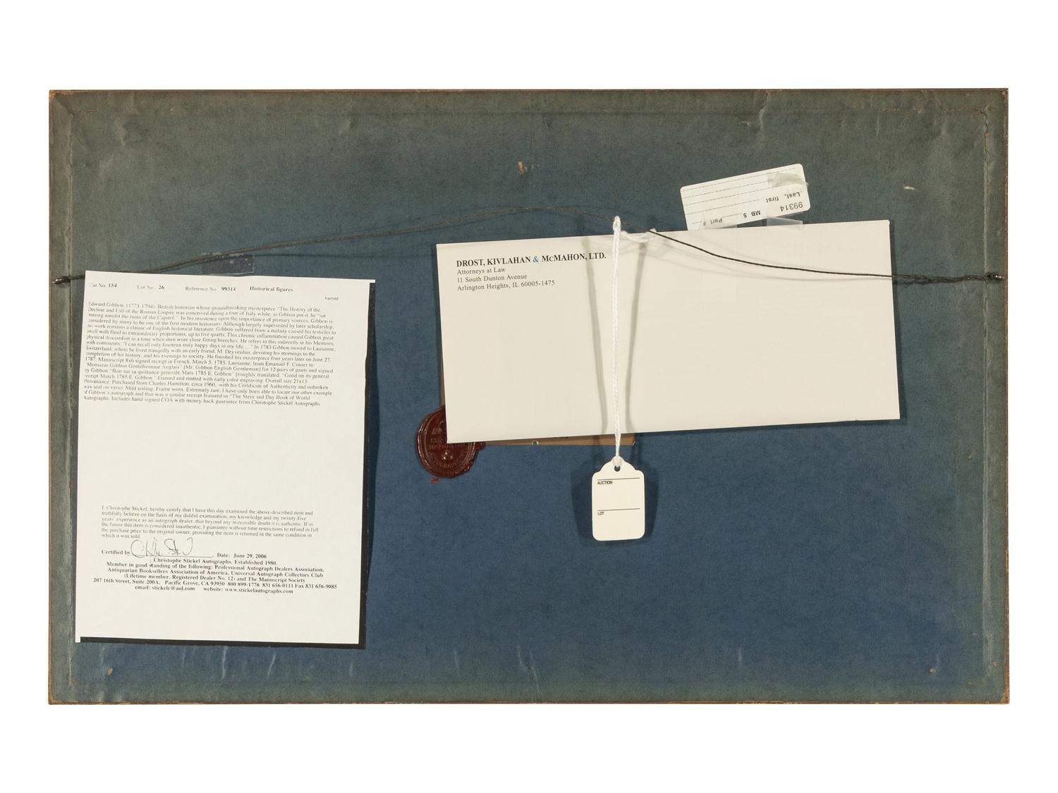 [Literature] Gibbon, Edward. Autograph Note, signed