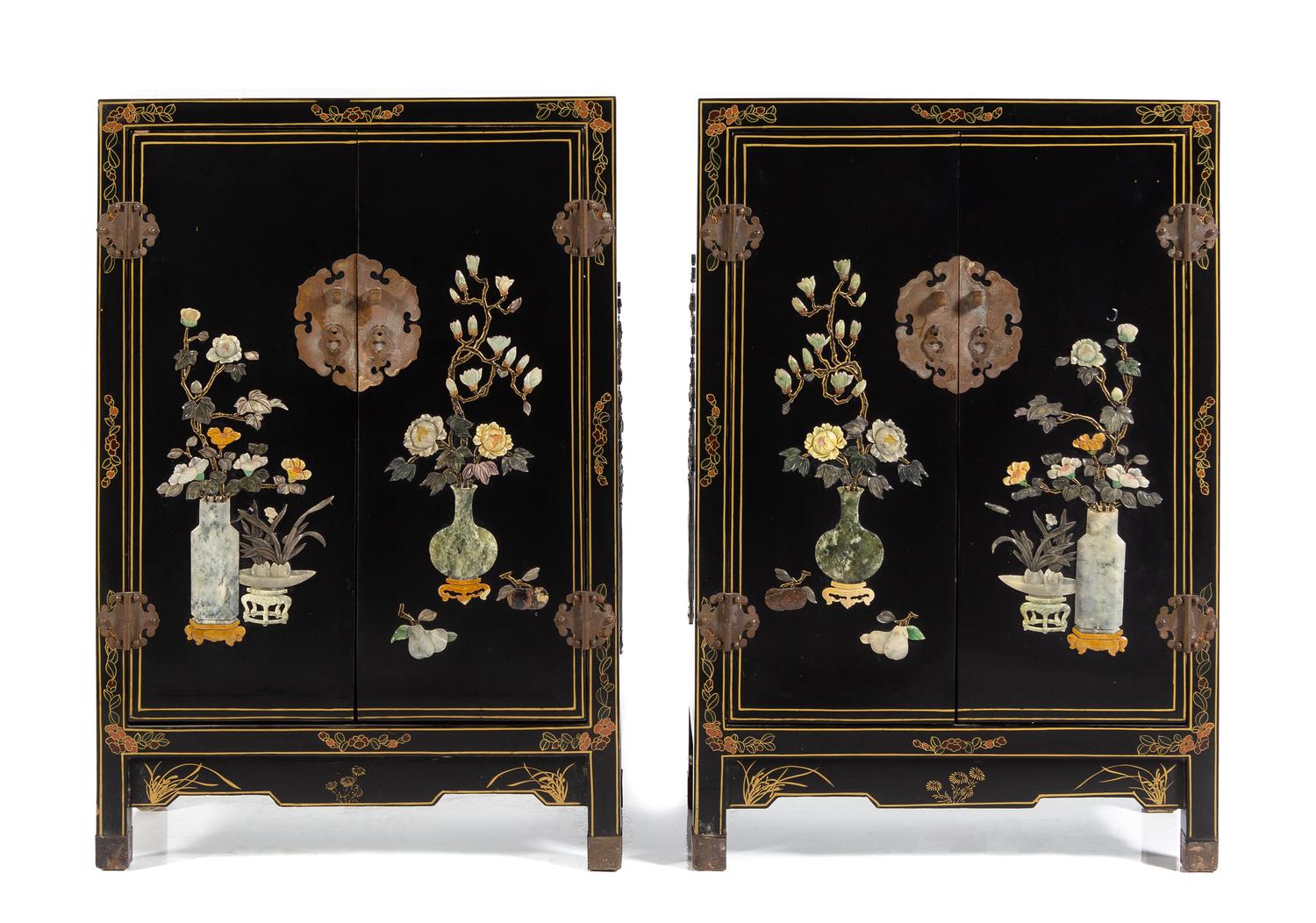 A Pair of Chinese Hardstone Embellished Black Lacquered Hardwood Cabinets Height of each 37 x 25 1/8 x depth 12 inches. — 20TH CENTURY
