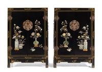 A Pair of Chinese Hardstone Embellished Black Lacquered Hardwood Cabinets Height of each 37 x 25 1/8 x depth 12 inches. — 20TH CENTURY