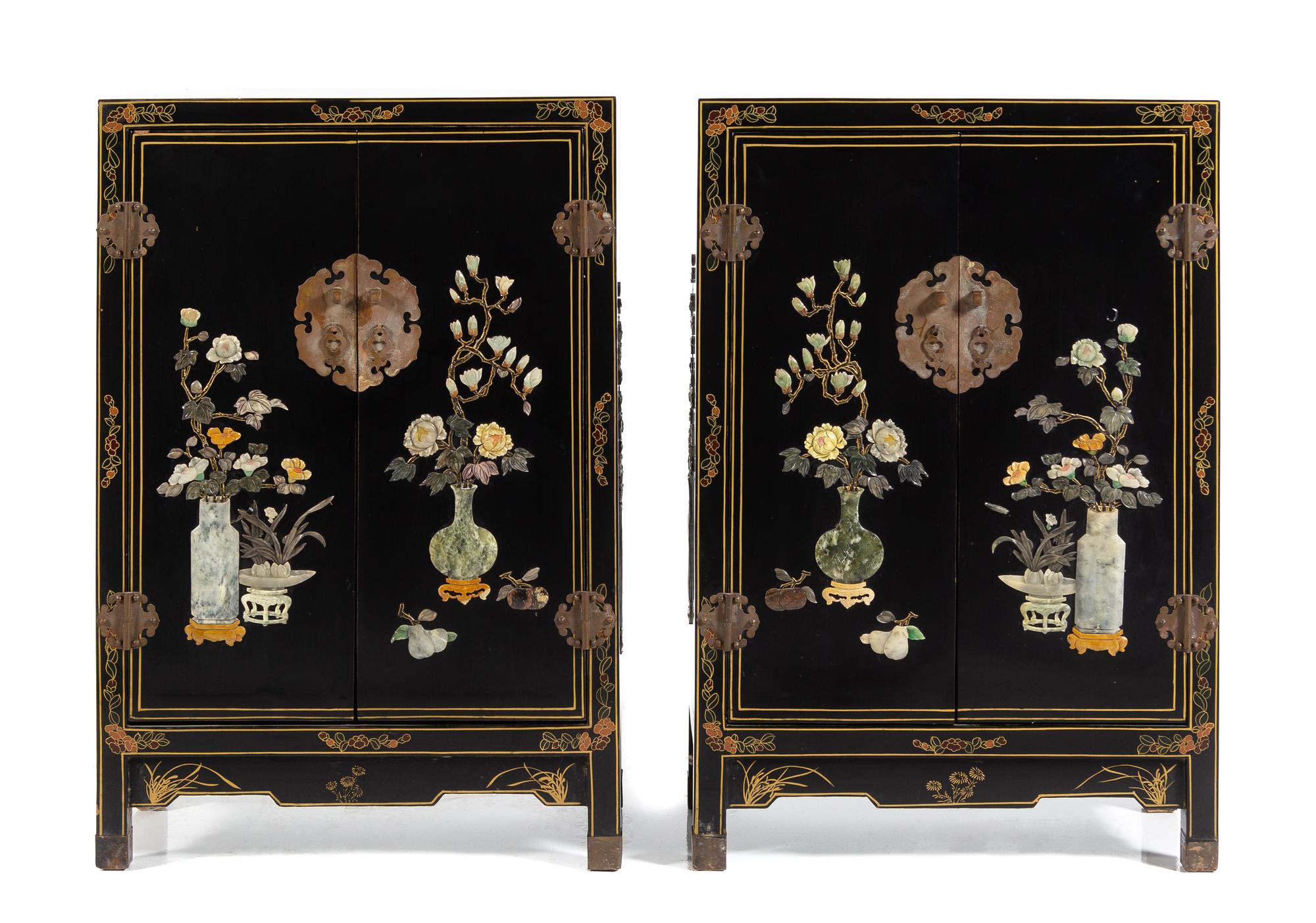 A Pair of Chinese Hardstone Embellished Black Lacquered Hardwood Cabinets Height of each 37 x 25 1/8 x depth 12 inches. — 20TH CENTURY