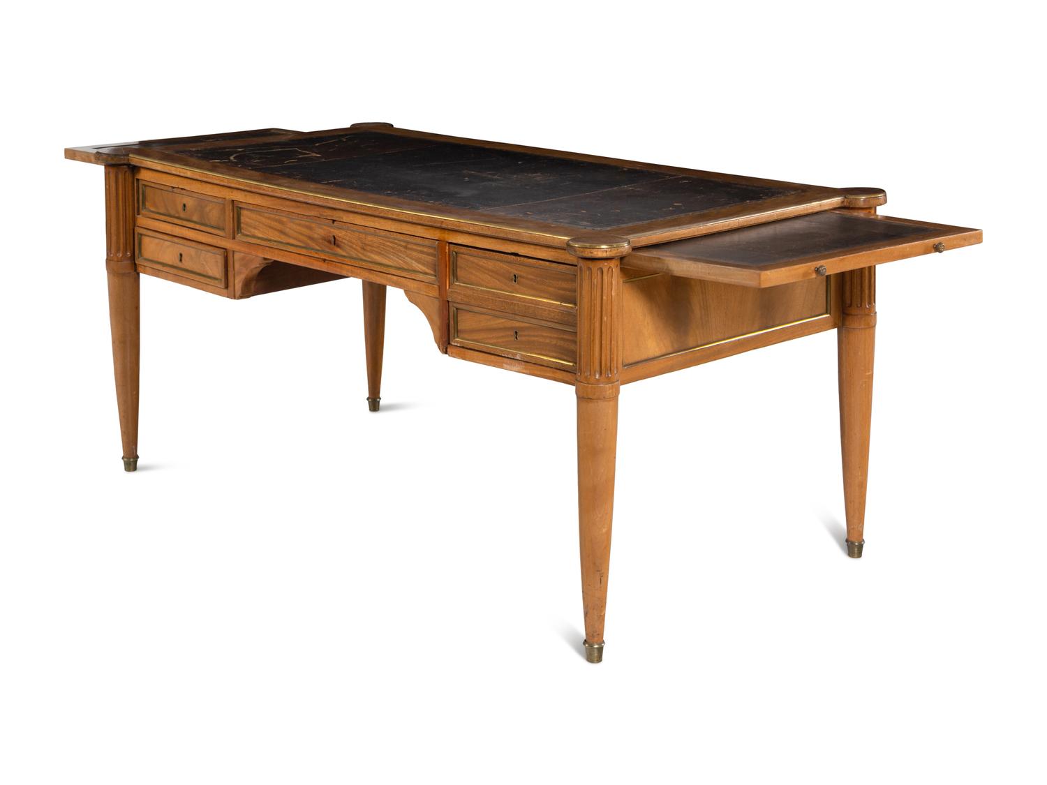 A Louis XVI Style Brass Mounted Walnut Bureau Plat