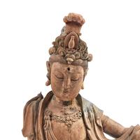 A Chinese Carved and Painted Wood Figure of Guanyin, Ming Dynasty or Earlier 明或更早 木雕彩繪水月觀音