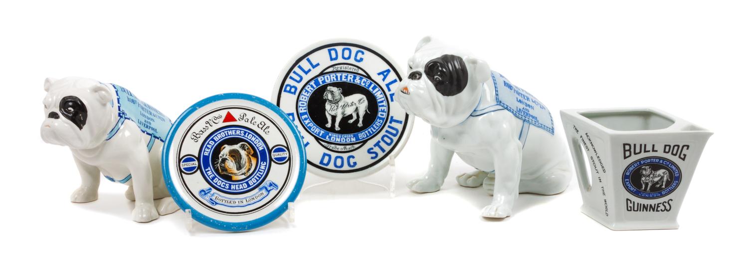 A Group of Five Porcelain Bulldog Articles Height of tallest 7 1/4 inches.