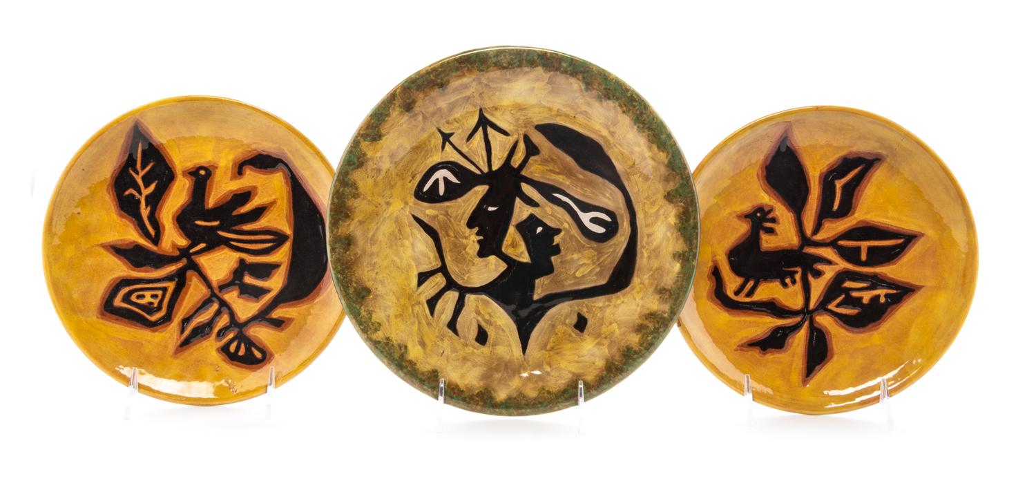 Three French Enameled Earthenware Plates Diameter of largest 9 3/4 inches. — JEAN LURCAT (1892-1966)
