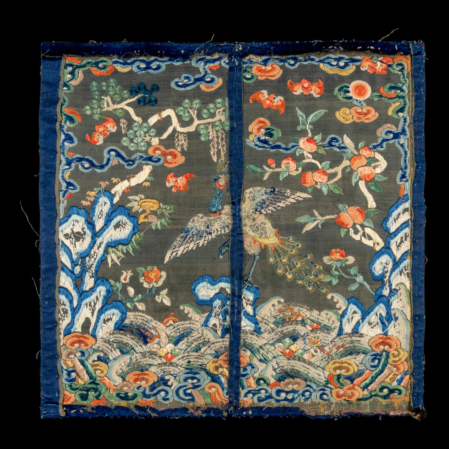 A Chinese Embroidered Silk 'Peacock' Rank Badge, Qianlong Period 清乾隆 石青緞地綉三品文官孔雀補子