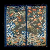 A Chinese Embroidered Silk 'Peacock' Rank Badge, Qianlong Period 清乾隆 石青緞地綉三品文官孔雀補子