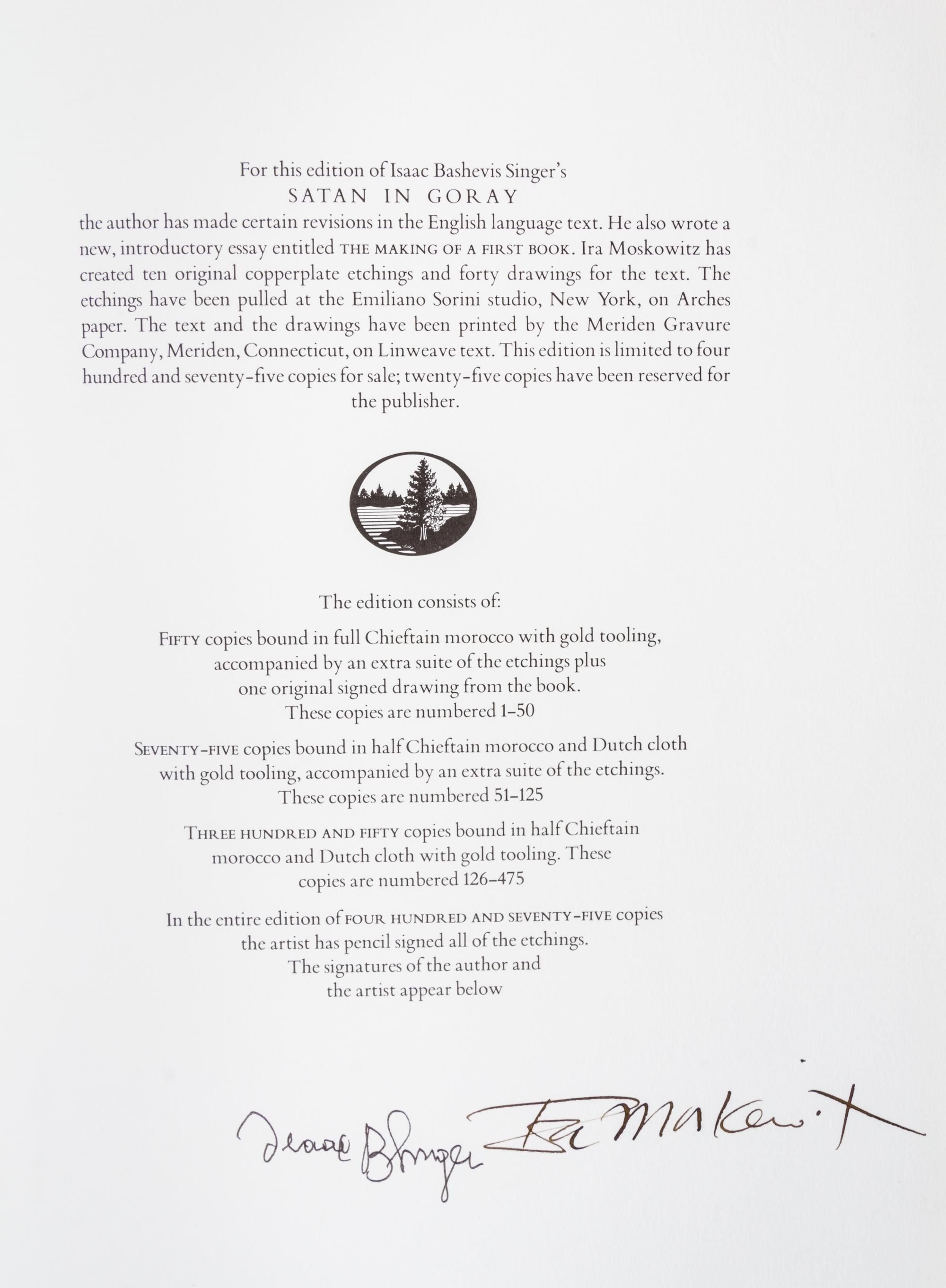 (SINGER, ISAAC BASHEVIS) MOSKOWITZ, IRA. Satan in Goray. New York, 1981. Limited. Signed twice.