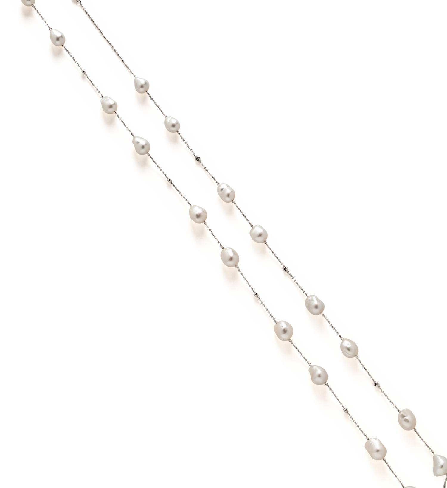 MIKIMOTO, BAROQUE CULTURED PEARL AND DIAMOND LONG CHAIN NECKLACE