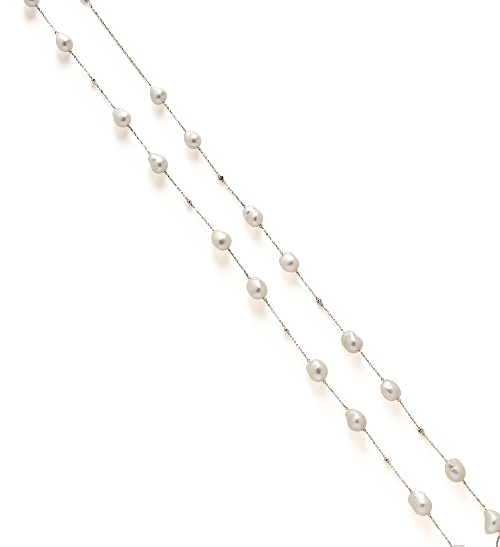 MIKIMOTO, BAROQUE CULTURED PEARL AND DIAMOND LONG CHAIN NECKLACE