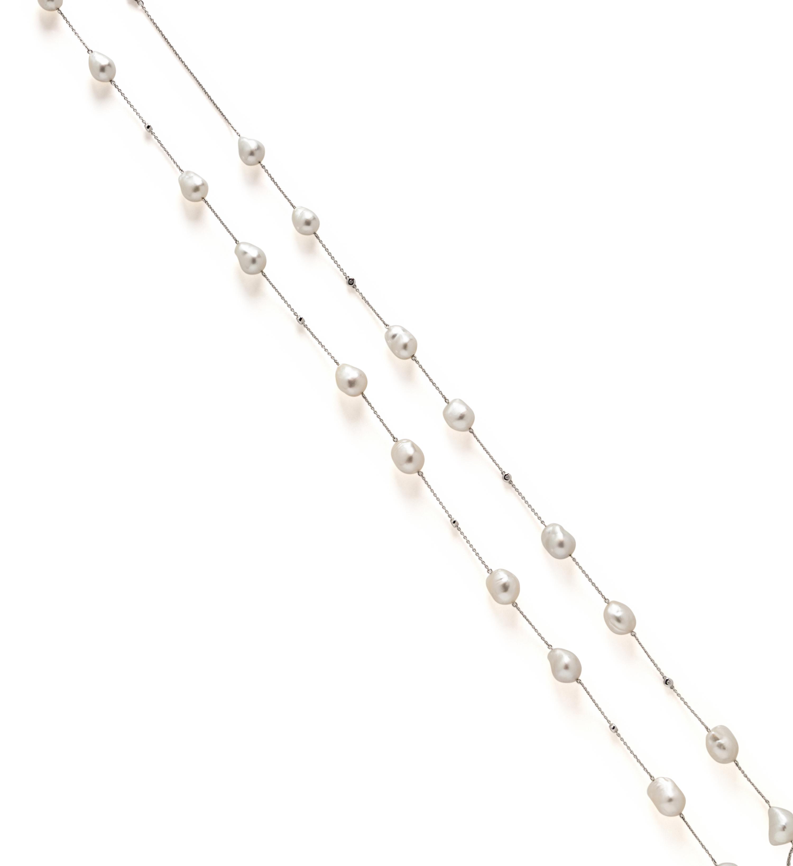 MIKIMOTO, BAROQUE CULTURED PEARL AND DIAMOND LONG CHAIN NECKLACE
