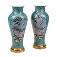 A Pair of Chinese Cloisonné-on-Porcelain Vases with Bronze Stands
