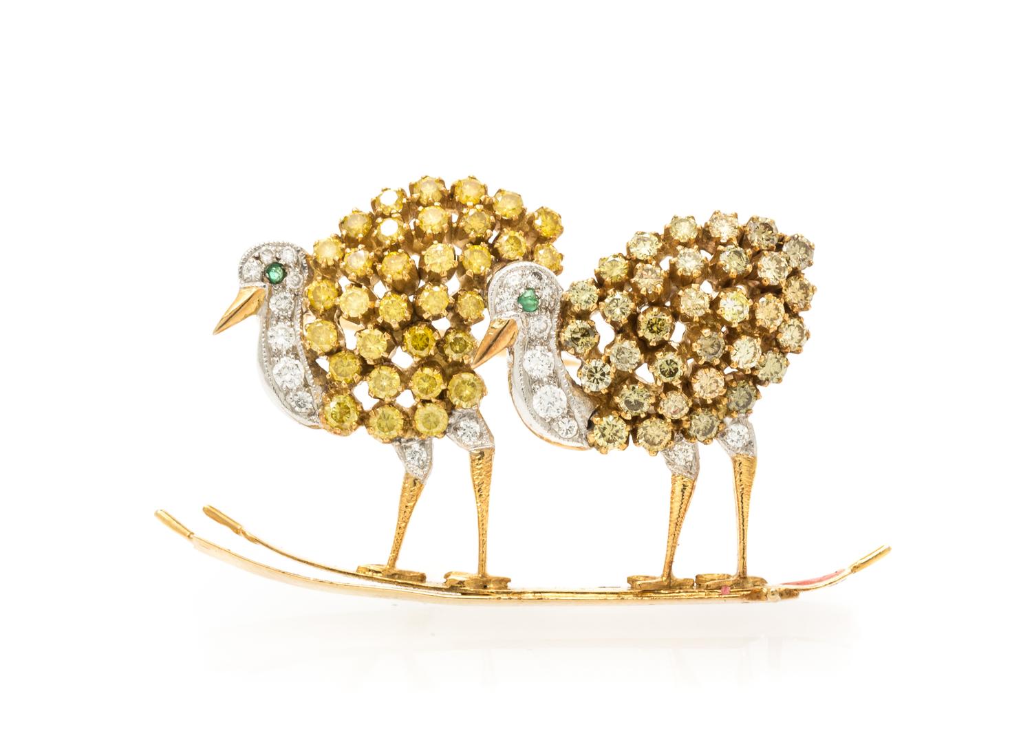A Gold, Colored Diamond, Diamond and Emerald Bird Brooch, 6.50 dwts.