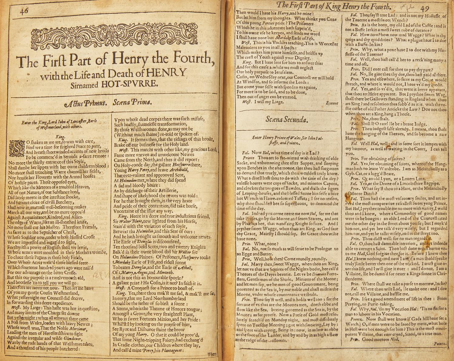 [Literature] [Shakesepeare, William] King Henry the Fourth, Leaf Extracted From the First Folio, Bound With Leaves From the Second Folio