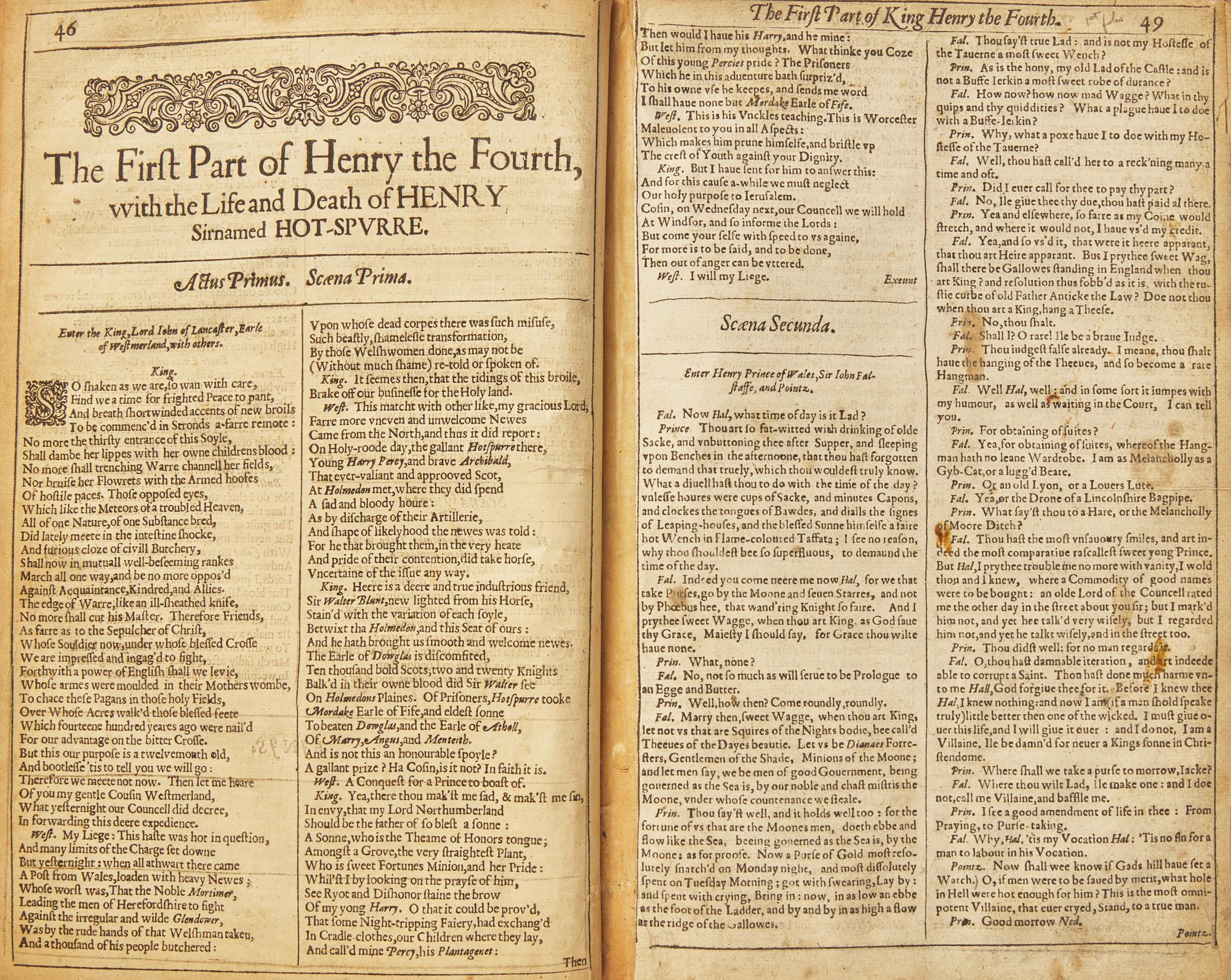 [Literature] [Shakesepeare, William] King Henry the Fourth, Leaf Extracted From the First Folio, Bound With Leaves From the Second Folio