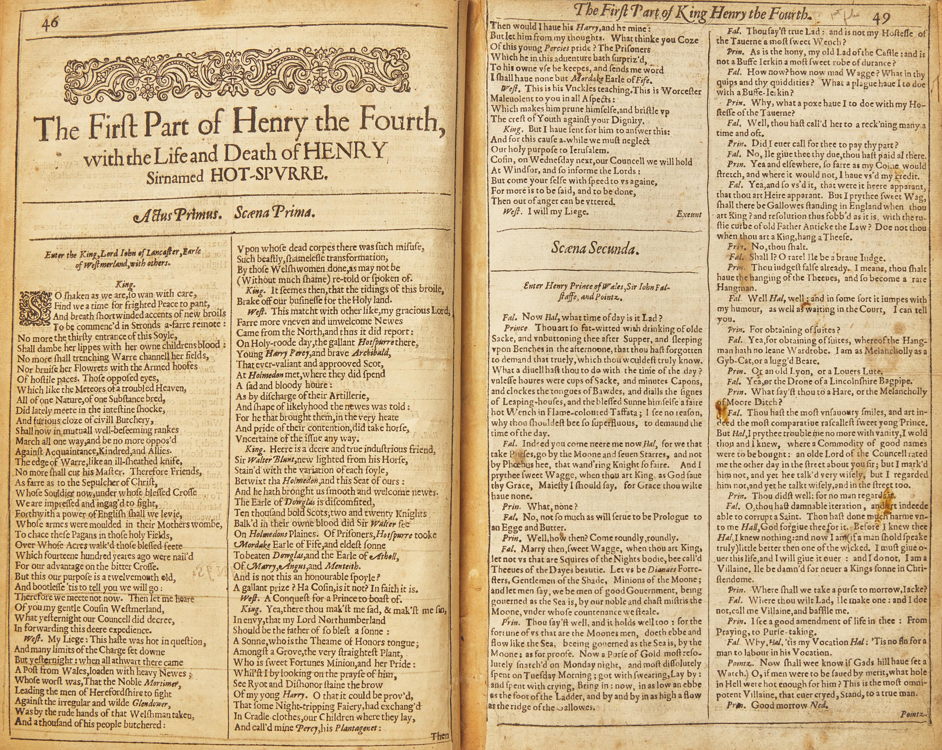 [Literature] [Shakesepeare, William] King Henry the Fourth, Leaf Extracted From the First Folio, Bound With Leaves From the Second Folio